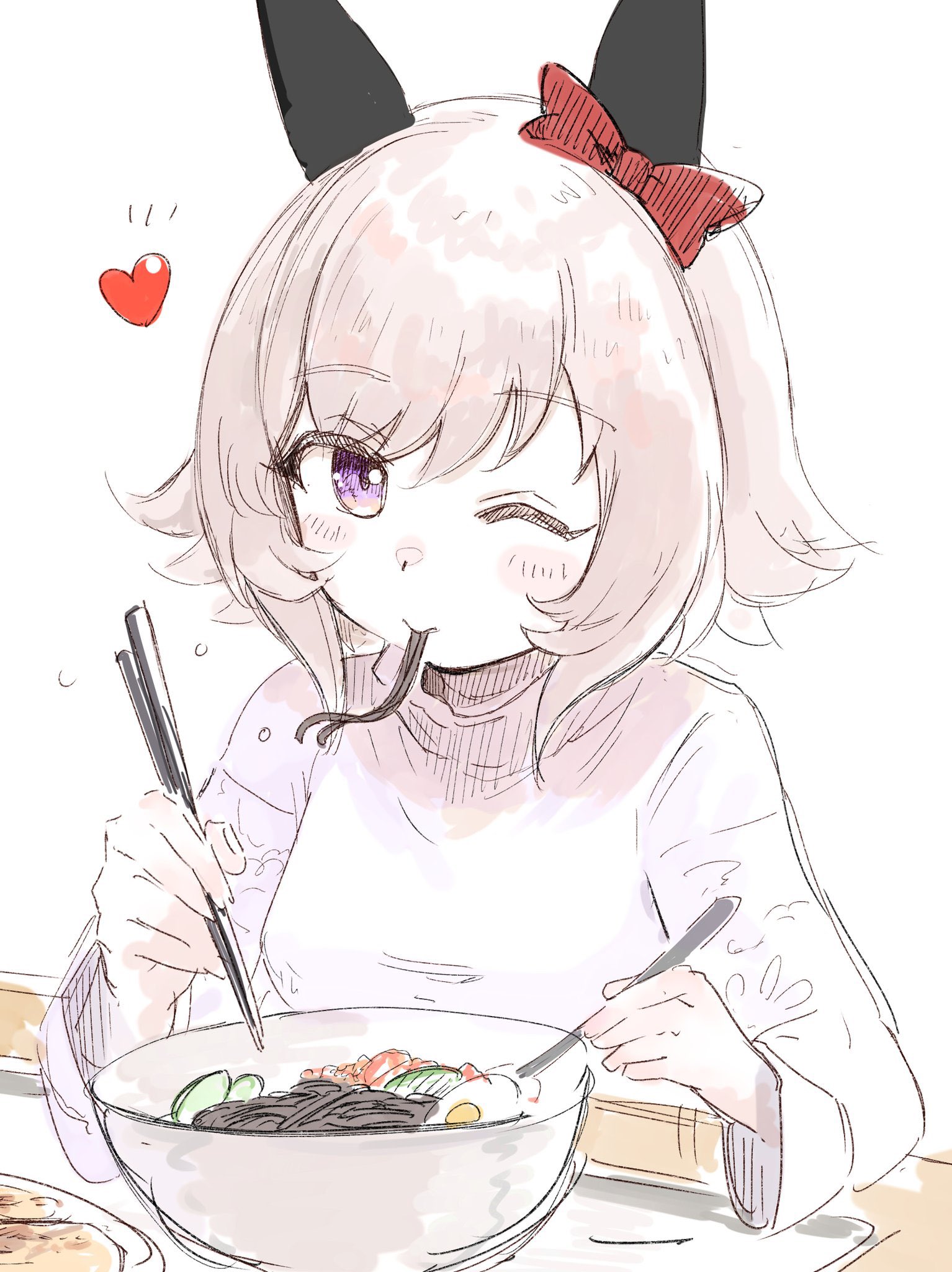inuyama tarou, curren chan (casual) (umamusume), curren chan (umamusume), umamusume, highres, 1girl, animal ears, blush, bow, bowl, breasts, chopsticks, ear bow, ear covers, eating, egg, food, food in mouth, grey hair, hair between eyes, heart, holding, holding chopsticks, horse ears, horse girl, long sleeves, looking at viewer, noodles, one eye closed, purple eyes, red bow, shirt, short hair, solo, soup, table, upper body