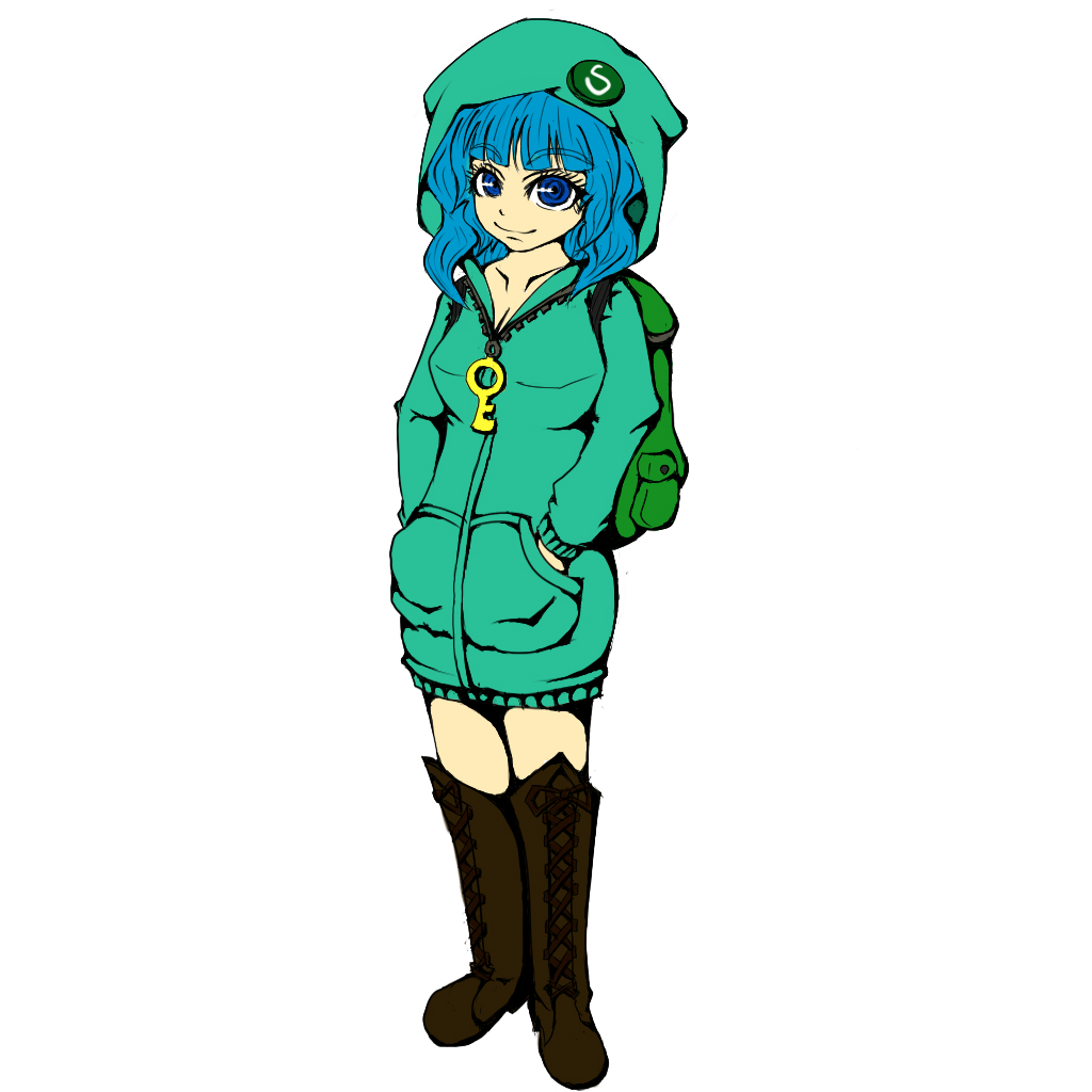 nikeharu, nikeharu (pixiv259765), kawashiro nitori, touhou, 1girl, backpack, bag, blue eyes, blue hair, boots, female focus, hood, hooded jacket, jacket, key, knee boots, matching hair/eyes, randoseru, solo, two side up
