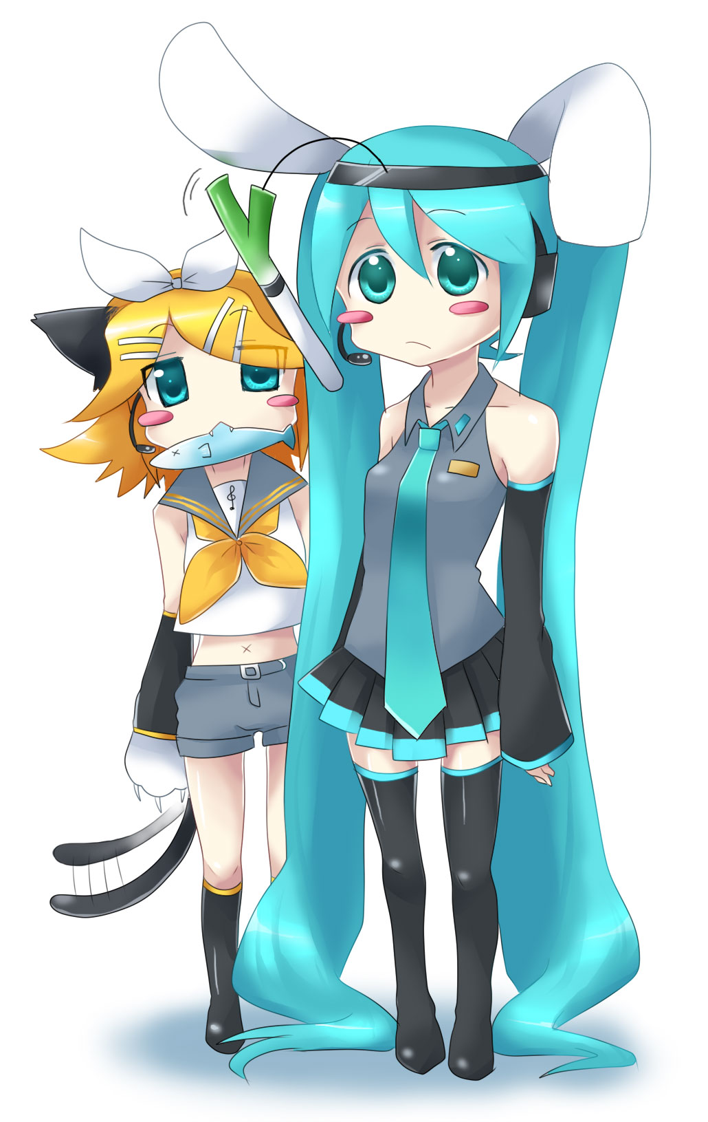hattori masaki, hatsune miku, kagamine rin, vocaloid, bad id, bad pixiv id, highres, 2girls, absurdly long hair, animal ears, animal hands, aqua eyes, aqua hair, blonde hair, blush, blush stickers, bow, cat ears, cat tail, detached sleeves, fish, headset, long hair, midriff, multiple girls, navel, necktie, rabbit ears, short hair, shorts, skirt, spring onion, tail, thighhighs, twintails, very long hair, zettai ryouiki