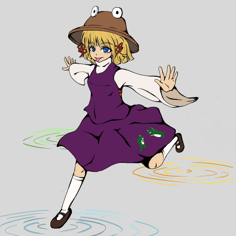 nikeharu, nikeharu (pixiv259765), moriya suwako, touhou, 1girl, blonde hair, blue eyes, female focus, flat color, frog, full body, hat, ribbon, ripples, skirt, solo, tongue