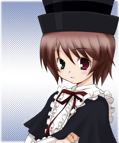 boku, souseiseki, rozen maiden, lowres, 00s, 1girl, blush, boku in black, brown hair, female focus, hat, heterochromia, looking at viewer, short hair, solo