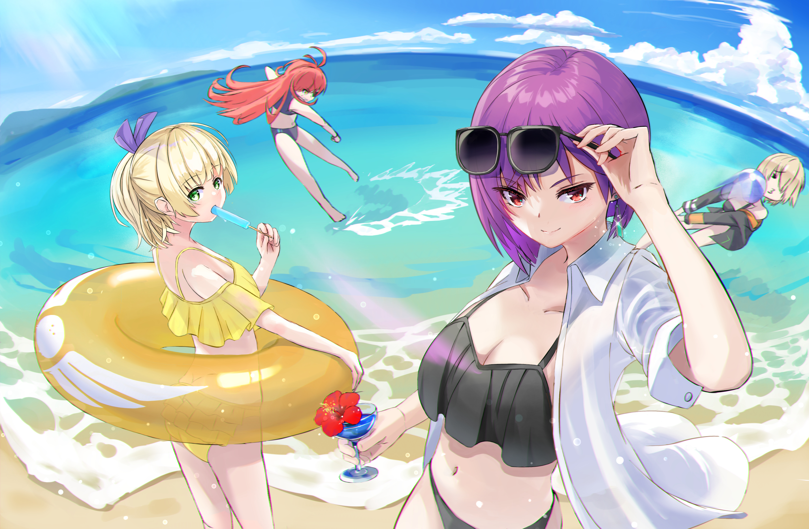 asami makiko (heaven burns red), kayamori ruka, nanase nanami (heaven burns red), tezuka saki, heaven burns red, highres, 4girls, adjusting eyewear, ahoge, antenna hair, arm up, ball, bare shoulders, barefoot, beach, bikini, black bikini, black jacket, blonde hair, blue bikini, blue sky, breasts, cleavage, closed mouth, cloud, cocktail, cocktail glass, collarbone, collared shirt, cup, day, drinking glass, earrings, eating, eyewear on head, flower, food, food in mouth, frilled bikini, frills, green eyes, hair between eyes, hair over one eye, hair ribbon, halterneck, hand on eyewear, hand up, hibiscus, holding, holding ball, holding cup, holding food, holding ice cream, holding popsicle, holding removed eyewear, holding swim ring, horizon, ice cream, innertube, jacket, jewelry, jumping, large breasts, long hair, looking at viewer, medium breasts, midair, multiple girls, navel, null1000 4869, ocean, off-shoulder bikini, off shoulder, open clothes, open jacket, open mouth, open shirt, orange hair, outdoors, ponytail, popsicle, popsicle in mouth, purple hair, purple ribbon, red eyes, red flower, red hair, ribbon, running, shirt, short hair, short sleeves, sidelocks, sky, sleeves rolled up, smile, splashing, standing, stomach, summer, sunglasses, surfing, swim ring, swimsuit, unworn eyewear, v-shaped eyebrows, very long hair, water, white shirt, wristband, yellow bikini