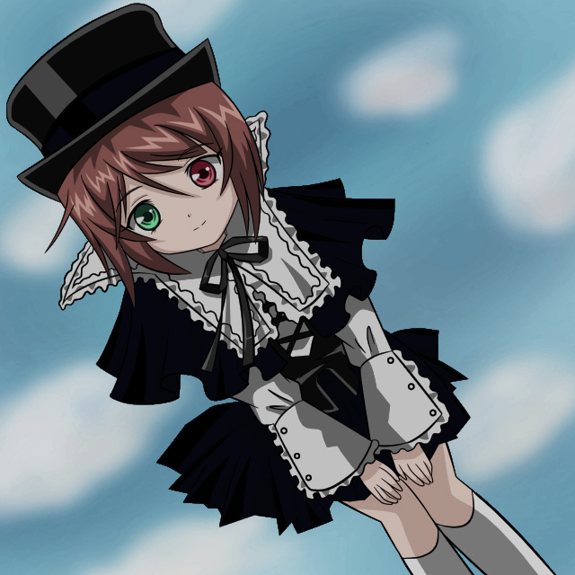 boku, souseiseki, rozen maiden, 00s, 1girl, boku in black, brown hair, female focus, hat, heterochromia, looking at viewer, ribbon, short hair, smile, solo, thighhighs, top hat