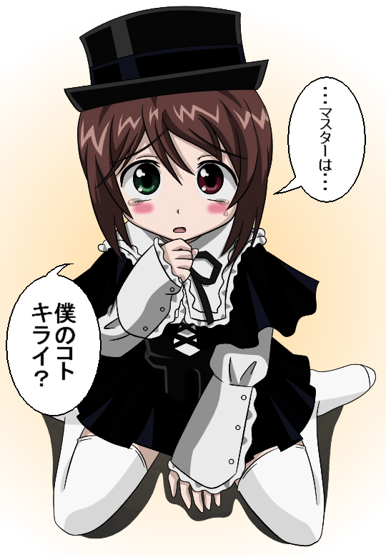 boku, souseiseki, rozen maiden, translated, 00s, 1girl, blush, boku in black, brown hair, female focus, hat, heterochromia, looking at viewer, looking up, short hair, solo, tears, thighhighs, top hat