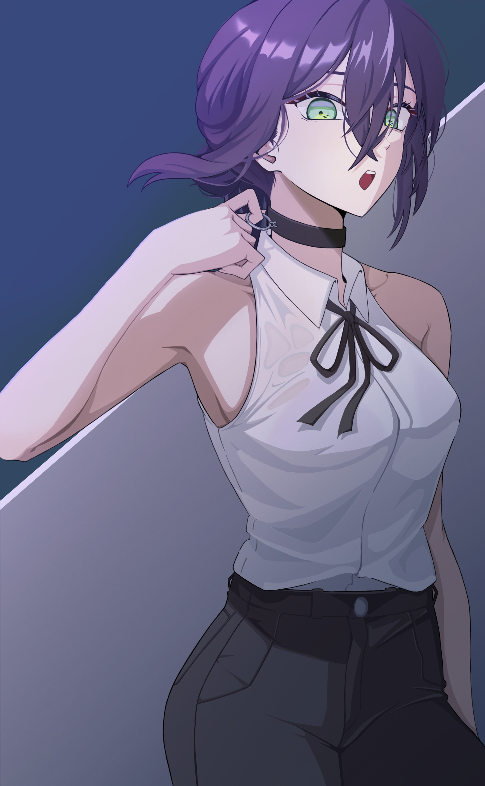 reze (chainsaw man), chainsaw man, absurdres, highres, 1girl, black choker, black ribbon, black shorts, choker, collared shirt, dnwlsl99, green eyes, grenade pin, hair between eyes, neck ribbon, open mouth, purple hair, ribbon, shirt, shirt tucked in, shorts, sleeveless, sleeveless shirt, solo, white shirt