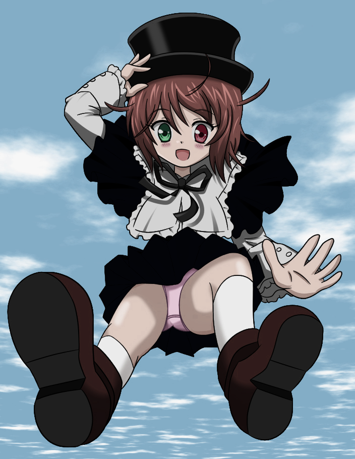 boku, souseiseki, rozen maiden, 00s, 1girl, boku in black, brown hair, female focus, hat, heterochromia, panties, pantyshot, short hair, solo, top hat, underwear