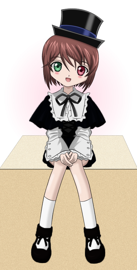 boku, souseiseki, rozen maiden, 00s, 1girl, boku in black, brown hair, female focus, happy, hat, head tilt, heterochromia, looking at viewer, open mouth, short hair, sitting, solo, top hat