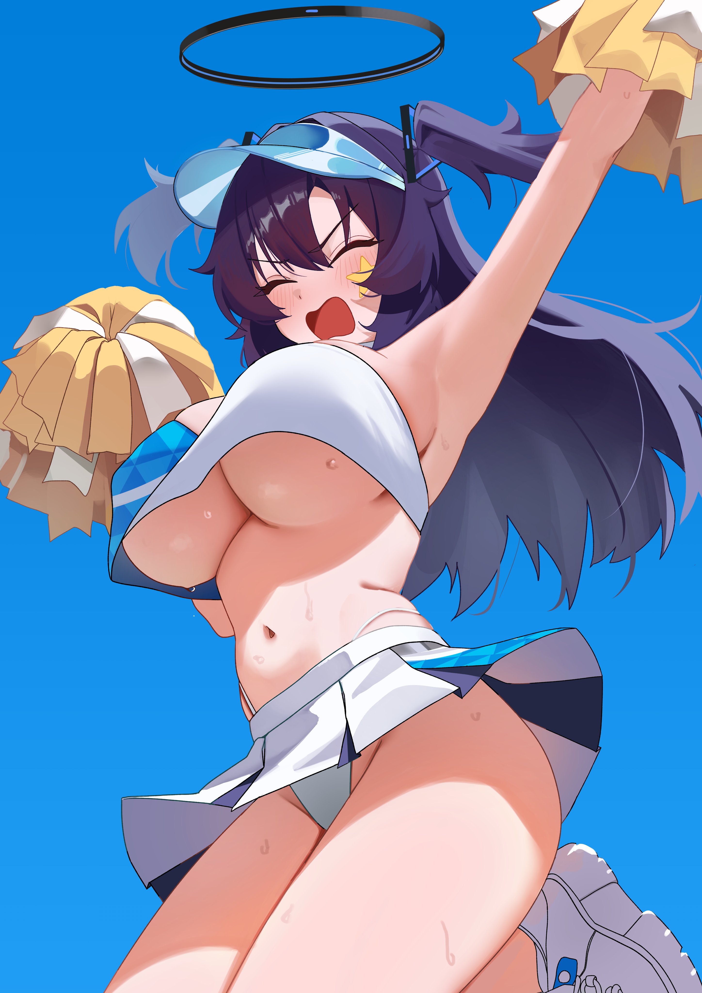 mcbox, yuuka (blue archive), blue archive, absurdres, commentary request, highres, 1girl, armpits, black halo, blue hair, blush, breasts, cheerleader, closed eyes, crop top, from below, hair ornament, halo, holding, holding pom poms, jumping, large breasts, long hair, millennium cheerleader outfit (blue archive), miniskirt, navel, open mouth, panties, pom pom (cheerleading), pom poms, skirt, solo, star (symbol), star sticker, sticker, sticker on face, stomach, sweat, thighs, triangle hair ornament, two side up, underboob, underwear, white panties, white skirt