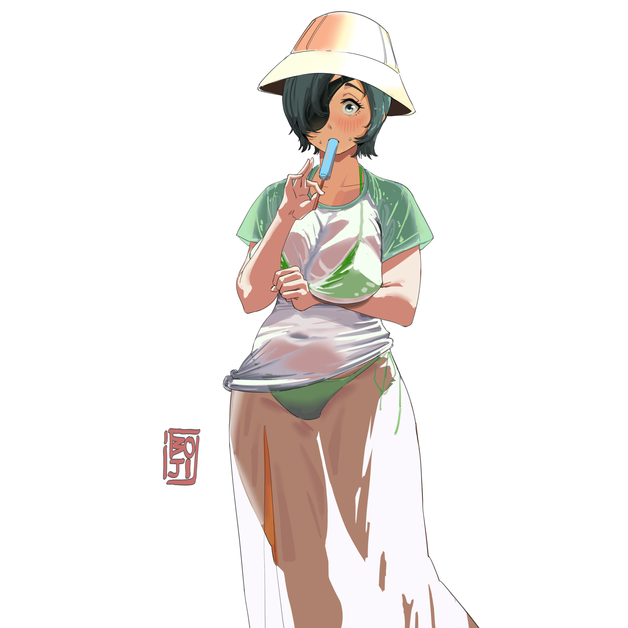 boji norn, himeno (chainsaw man), chainsaw man, commentary, english commentary, highres, 1girl, arm under breasts, bikini, bikini under clothes, black hair, blush, breasts, cleavage, contrapposto, covered navel, dark-skinned female, dark skin, eyepatch, food, gluteal fold, green bikini, groin, hat, large breasts, popsicle, raglan sleeves, shirt, short hair, short sleeves, simple background, solo, sweat, swimsuit
