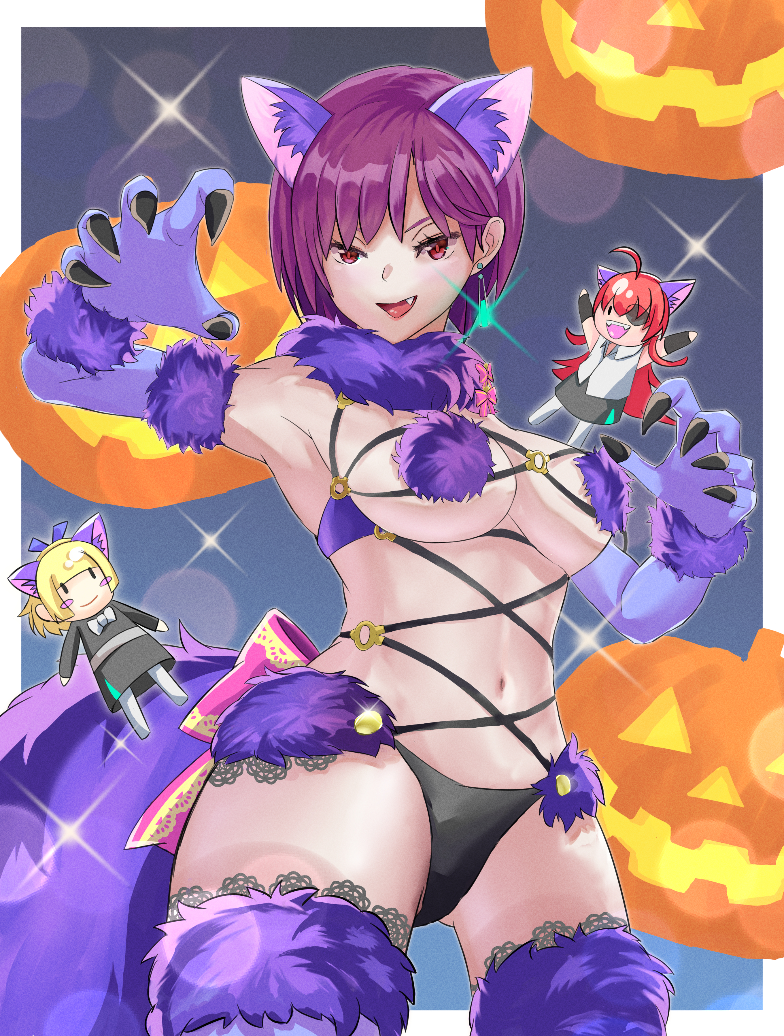 asami makiko (heaven burns red), mash kyrielight, mash kyrielight (dangerous beast), nanase nanami (heaven burns red), tezuka saki, fate/grand order, fate (series), heaven burns red, absurdres, highres, 3girls, :d, ahoge, animal ears, armpits, bikini, black panties, blonde hair, bow, breasts, character doll, claw pose, claws, cosplay, doll, dress, earrings, elbow gloves, fang, fur-trimmed gloves, fur-trimmed legwear, fur collar, fur trim, gloves, gluteal fold, halloween, halloween costume, jack-o'-lantern, jewelry, lace trim, large breasts, long hair, looking at viewer, mash kyrielight (dangerous beast) (cosplay), multiple girls, navel, null1000 4869, o-ring, o-ring top, open mouth, panties, parody, pink bow, pumpkin, purple gloves, purple hair, purple tail, purple thighhighs, red eyes, red hair, revealing clothes, short hair, skirt, smile, sparkle, swimsuit, tail, thighhighs, underwear, wolf ears, wolf tail