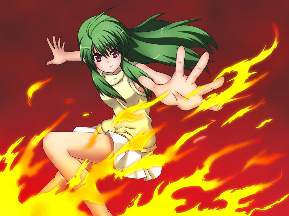 s-no, youko (inukami), inukami!, 00s, ahoge, fire, green hair, long hair, red eyes, skirt, solo