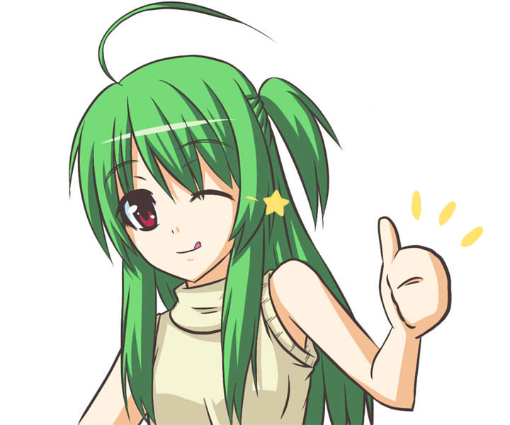 s-no, youko (inukami), inukami!, bad id, bad pixiv id, 00s, ahoge, green hair, long hair, one eye closed, red eyes, solo, thumbs up, tongue, wink