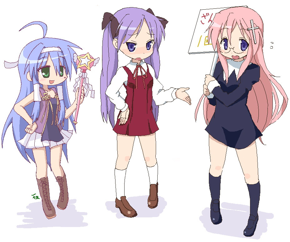 ikkyuu, kakifly, aoba tsugumi, hiiragi kagami, izumi konata, nagi, takara miyuki, zange, kannagi, lucky star, artist collaboration, bad id, bad pixiv id, 3girls, ahoge, aoba tsugumi (cosplay), blue eyes, blue hair, cosplay, glasses, green eyes, hair ribbon, hair tubes, hand on own hip, hip focus, kneehighs, long hair, mole, mole under eye, multiple girls, nagi (cosplay), oekaki, open mouth, pink hair, purple eyes, purple hair, ribbon, school uniform, socks, tareme, tsurime, twintails, very long hair, zange (cosplay)