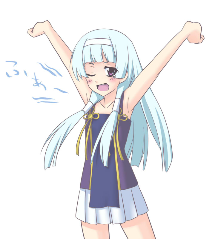 s-no, nagi, kannagi, bad id, bad pixiv id, 00s, 1girl, armpits, arms up, blue hair, blunt bangs, clenched hands, cowboy shot, female focus, hair tubes, hairband, long hair, one eye closed, pleated skirt, purple eyes, skirt, solo, stretching, white skirt, wink