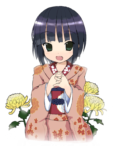 kakifly, yune (ikoku meiro no croisee), ikoku meiro no croisee, bad id, bad pixiv id, 1girl, black hair, blunt bangs, blush, bob cut, fang, female focus, flower, green eyes, japanese clothes, kimono, oekaki, open mouth, short hair, solo