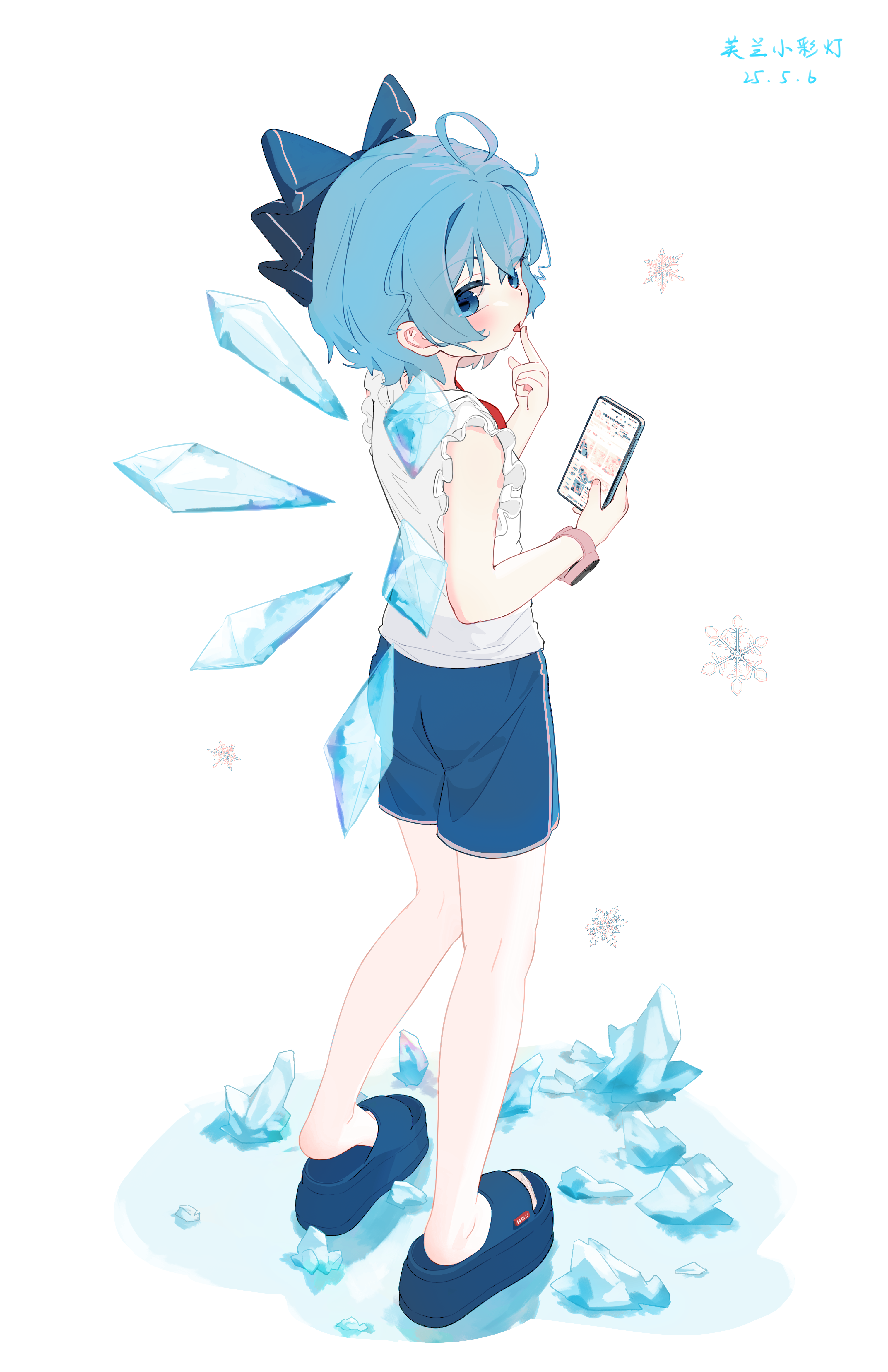 cirno, touhou, absurdres, commentary request, highres, 1girl, ahoge, alternate costume, artist name, bare legs, blue bow, blue eyes, blue hair, blue shorts, blush, bow, cellphone, cellphone photo, dated, fairy, flandre awouuu, frilled sleeves, frills, full body, hair bow, holding, holding phone, ice, ice wings, licking, licking own finger, looking at viewer, multiple wings, phone, platform sandals, sandals, shirt, short hair, shorts, sleeveless, sleeveless shirt, slides, smartphone, smartwatch, snowflakes, solo, watch, white shirt, wings, wristwatch