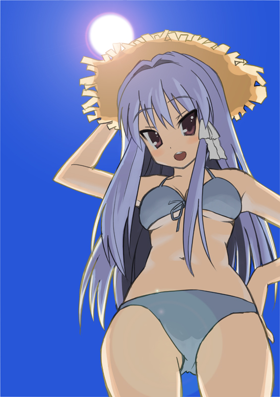 kakifly, fujibayashi kyou, clannad, bad id, bad pixiv id, 00s, 1girl, :d, bikini, blush, breasts, day, female focus, from below, front-tie top, hand on headwear, hand on own hip, hat, long hair, medium breasts, navel, open mouth, purple hair, sky, smile, solo, straw hat, string bikini, sun, swimsuit, underboob