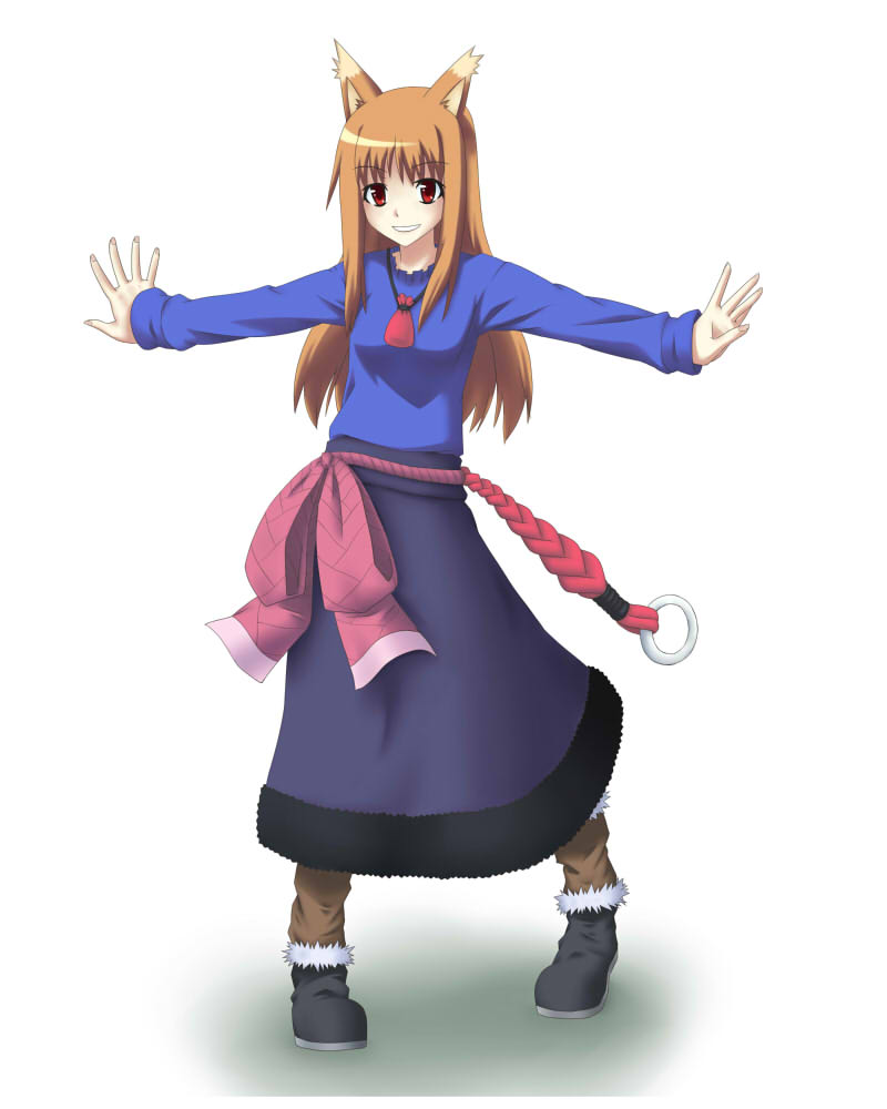 s-no, holo, spice and wolf, 00s, animal ears, brown hair, long hair, red eyes, solo, wolf ears