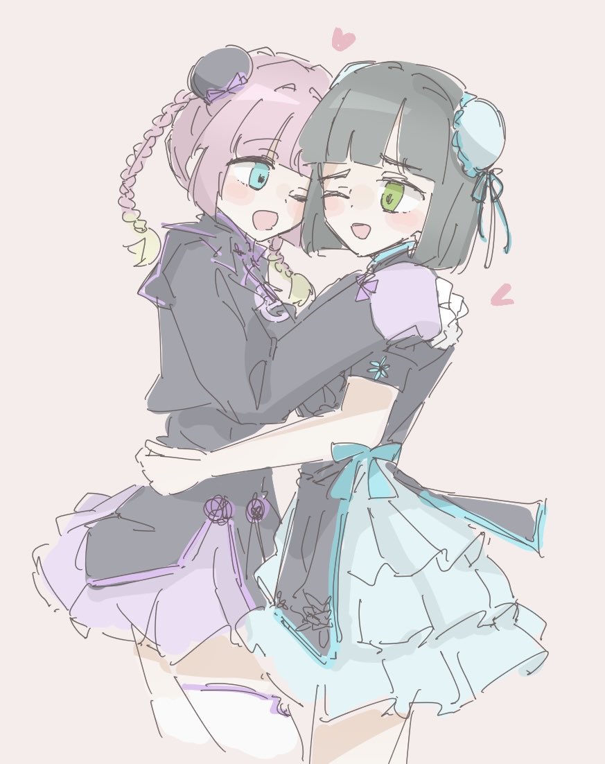 anyoji hime, momose ginko, link! like! love live!, love live!, commentary, 2girls, ;d, black hair, black shirt, blonde hair, blue eyes, blue skirt, blunt bangs, blunt ends, bob cut, braid, bun cover, chinese clothes, double bun, gradient hair, green eyes, hair bun, hair intakes, hasu no sora pop up shop china collection, long hair, long sleeves, mihasu ll, miniskirt, multicolored hair, multiple girls, official alternate costume, one eye closed, open mouth, pink background, pink hair, puffy short sleeves, puffy sleeves, purple skirt, shirt, short hair, short sleeves, simple background, skirt, sleeves past fingers, sleeves past wrists, smile, twin braids, virtual youtuber, yuri