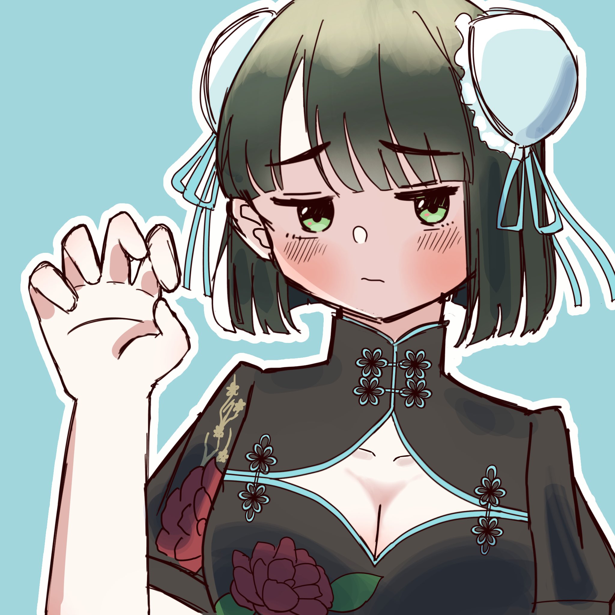 okome (okome l l), momose ginko, link! like! love live!, love live!, highres, 1girl, 3:, black hair, blue background, blunt bangs, blunt ends, blush, bob cut, breasts, bun cover, chinese clothes, claw pose, cleavage, cleavage cutout, clothing cutout, double bun, embarrassed, green eyes, hair bun, hasu no sora pop up shop china collection, jitome, light frown, long sleeves, looking at viewer, medium breasts, outline, puffy short sleeves, puffy sleeves, raised inner eyebrows, shirt, short hair, short sleeves, simple background, solo, turtleneck, turtleneck shirt, virtual youtuber, white outline