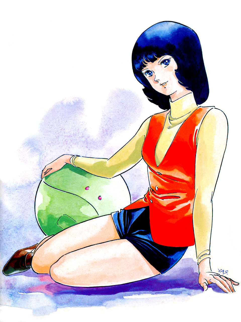 yasuhiko yoshikazu, fa yuiry, haro, gundam, zeta gundam, 1980s (style), highres, painting (medium), promotional art, scan, traditional media, watercolor (medium), 1girl, blue eyes, blue hair, eyelashes, looking at viewer, non-humanoid robot, oldschool, pet, retro artstyle, robot, science fiction, shorts, signature, sitting, smile, sweater, turtleneck, turtleneck sweater, vest, yokozuwari