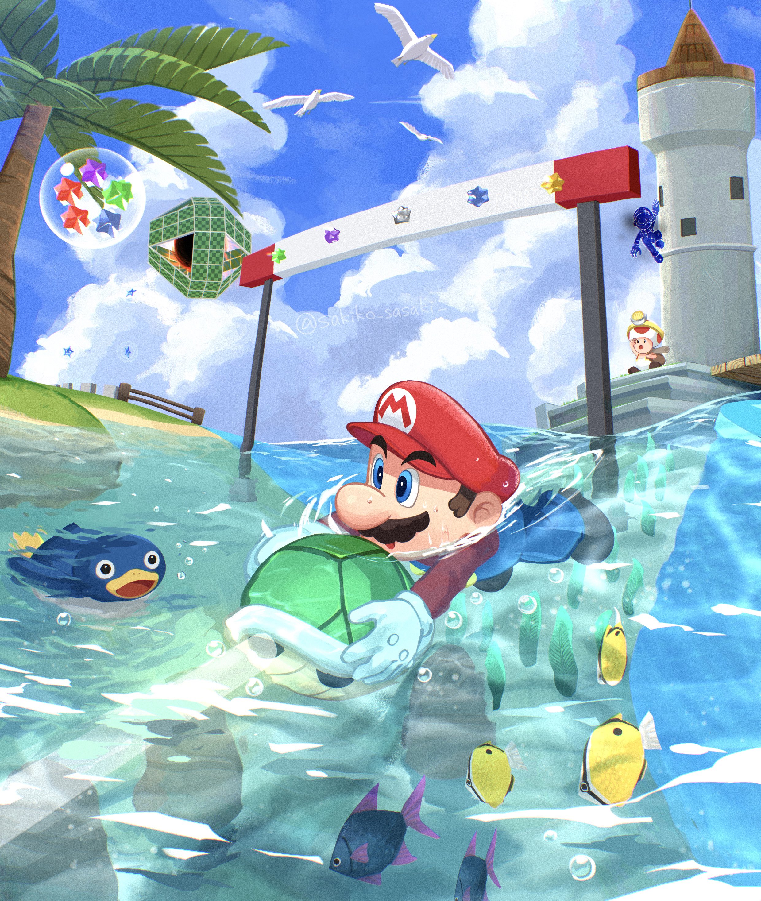 sasaki sakiko, captain toad, cosmic mario, mario, penguin (mario), toad (mario), mario (series), nintendo, super mario galaxy, absurdres, highres, 3boys, bird, blue eyes, blue overalls, blue sky, boots, brown boots, brown hair, bubble, cloud, day, facial hair, fish, gloves, green shell (mario), hat, holding, multiple boys, mustache, outdoors, overalls, palm tree, penguin, red hat, red shirt, sea slide galaxy (mario), shirt, short hair, sky, star bit, tower, tree, water, white gloves