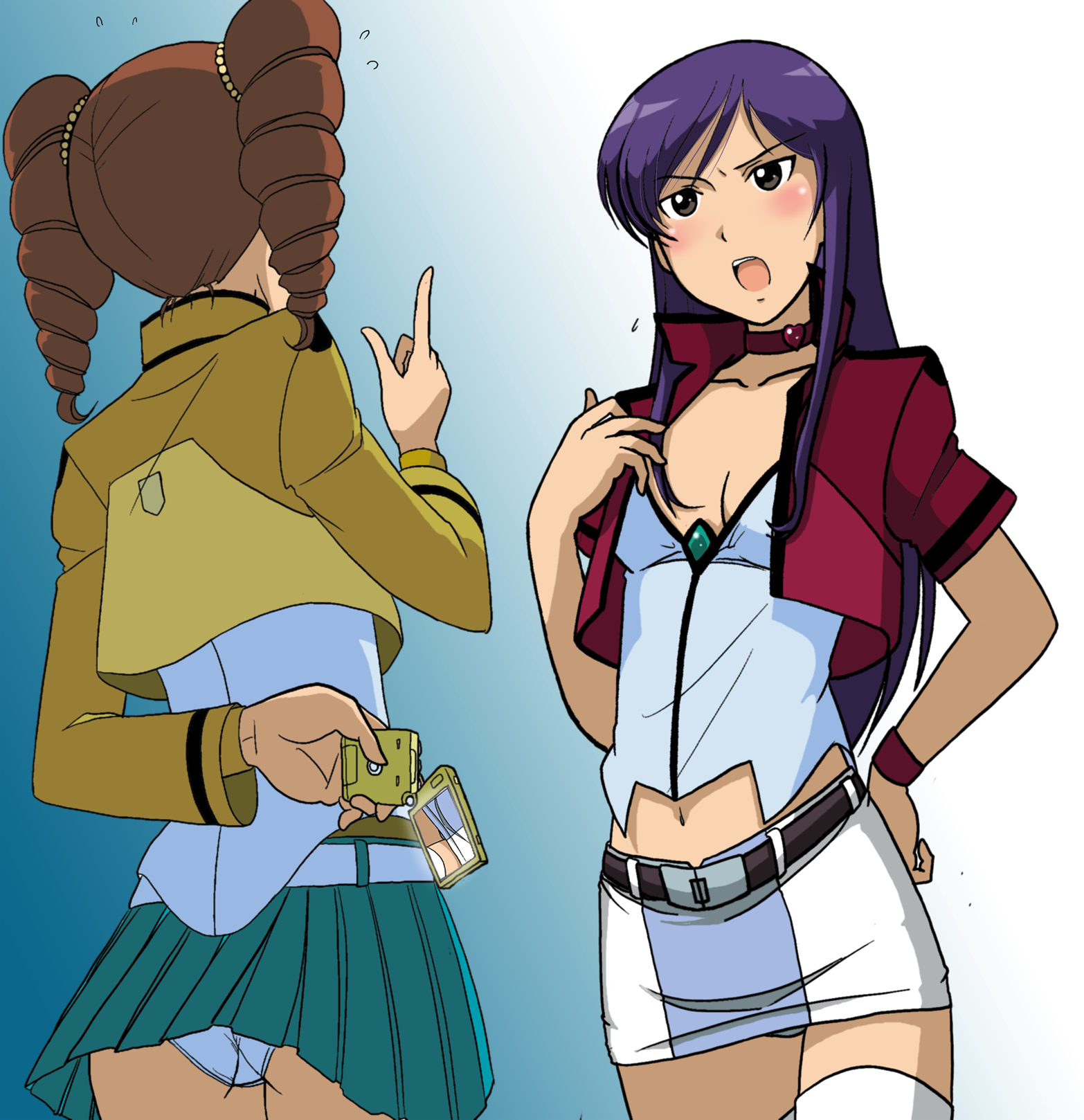 takaya n, mileina vashti, tieria erde, gundam, gundam 00, gender request, highres, 00s, 2girls, ass, blush, camera, cellphone, crossdressing, crossdressing (ftm), drill hair, genderswap, miniskirt, multiple girls, panties, pantyshot, pencil skirt, phone, skirt, thighhighs, underwear