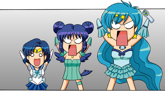 mutsuya, aizawa mint, hisakawa aya, houshou hanon, mew mint, mizuno ami, sailor mercury, azumanga daiou, bishoujo senshi sailor moon, mermaid melody pichi pichi pitch, tokyo mew mew, 3girls, aqua hair, arms up, blue hair, blue sailor collar, blue skirt, bonklers, chibi, color connection, crossover, double bun, hair bun, hair ornament, long hair, magical girl, multiple crossover, multiple girls, o o, parody, sailor collar, short hair, skirt, star (symbol), star hair ornament, tail