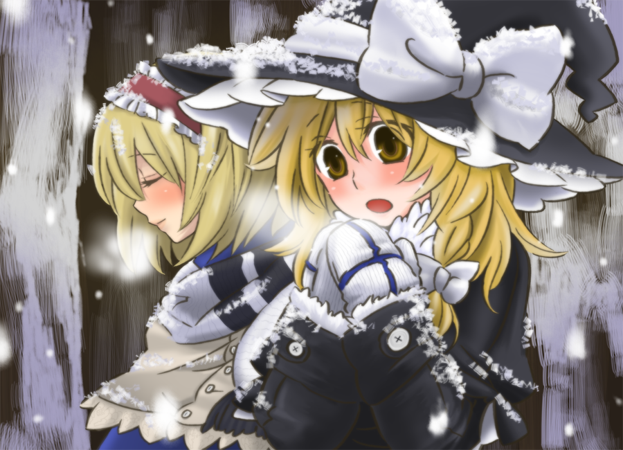 arata iri, nanatsuki, suzuya wataru, alice margatroid, kirisame marisa, perfect cherry blossom, touhou, 2girls, blonde hair, blush, braid, female focus, hairband, hat, mittens, multiple girls, scarf, snow, tree, witch, witch hat