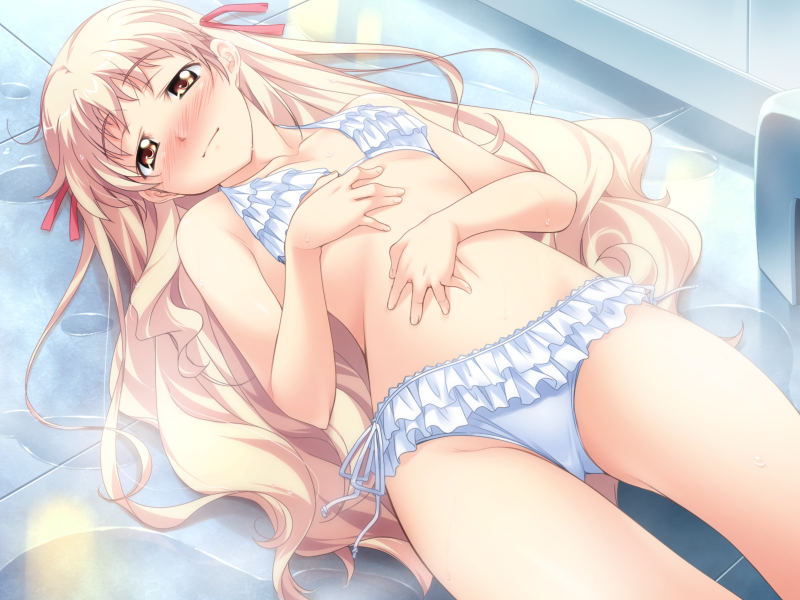 takeya masami, tokura temari, te to te try on, game cg, 1girl, bikini, blonde hair, blush, female focus, flat chest, frilled bikini, frills, hair ribbon, hand on own chest, hand on own stomach, long hair, lying, navel, on back, puddle, ribbon, solo, swimsuit, very long hair, water, white bikini, yellow eyes
