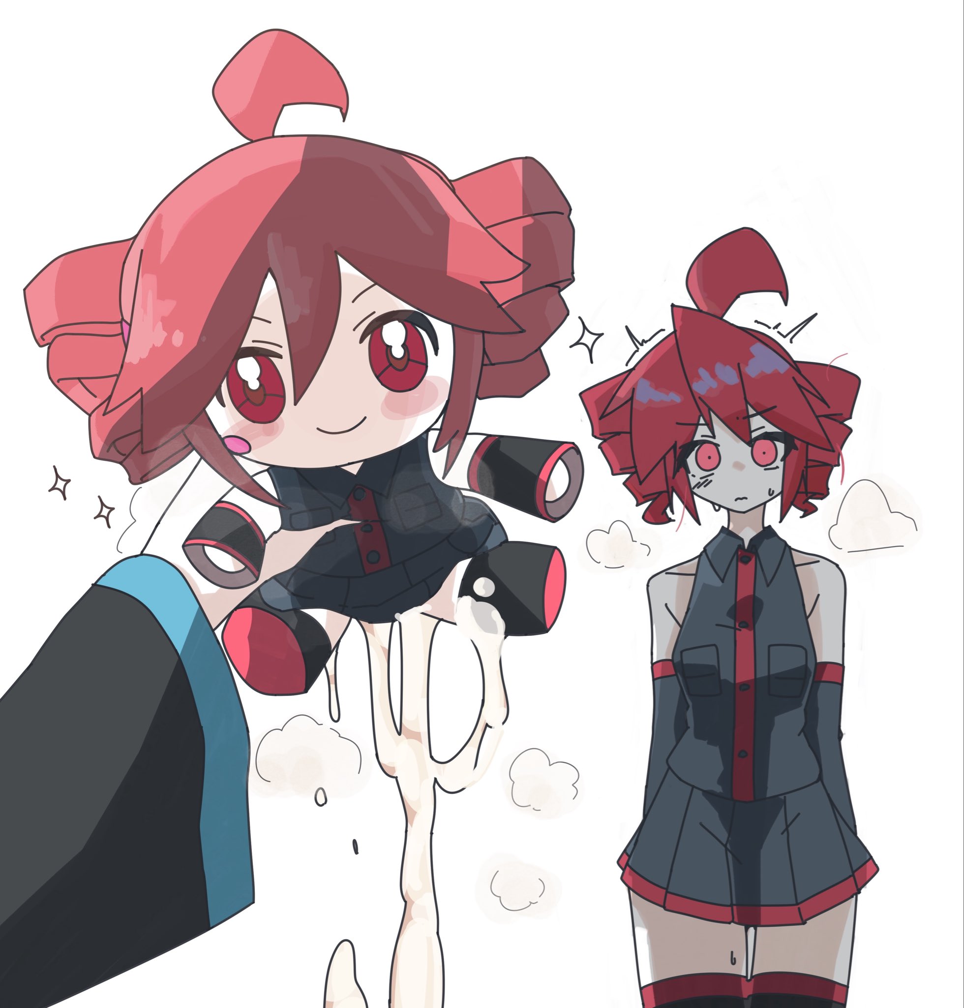 hatsune miku, kasane teto, utau, vocaloid, highres, 2girls, ahoge, black shirt, black skirt, breath, character doll, cum, cumdrip, detached sleeves, doll, drill hair, female pov, holding, holding doll, holding stuffed toy, implied futanari, long sleeves, looking at viewer, medium hair, meme, miniskirt, motion lines, multiple girls, pleated skirt, pov, pov hands, red eyes, red hair, shirt, simple background, skirt, sleeveless, sleeveless shirt, sparkle, sparkle doll onahole (meme), stuffed toy, t2e1o1, twin drills, twitching, unconventional artificial vagina, white background