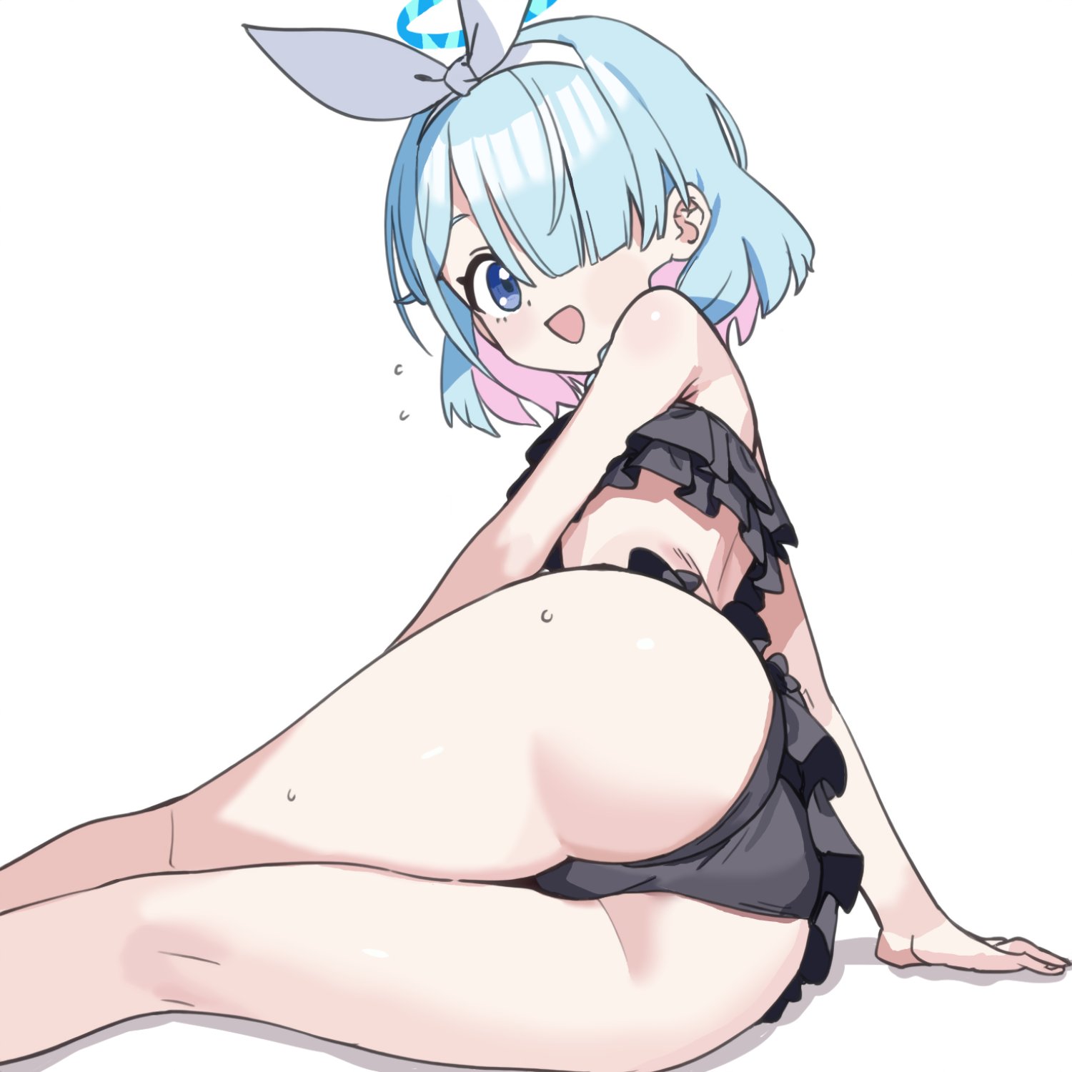 nnkk933306, arona (blue archive), blue archive, highres, 1girl, :d, armpit crease, ass, ass focus, bare back, bare shoulders, bikini, black bikini, black bra, black panties, blue eyes, blue hair, blue halo, bow hairband, bra, bright pupils, cameltoe, colored inner hair, facing to the side, foreshortening, frilled bikini, frilled panties, frills, from behind, hair over eyes, hairband, halo, hand on floor, kneepits, legs, looking at viewer, multicolored hair, open mouth, panties, pink hair, short hair, simple background, smile, solo, sweat, sweatdrop, swimsuit, thick thighs, thighs, underwear, white background, white hairband