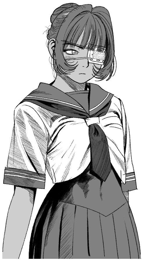 noobboy 02, original, 1girl, closed mouth, cyclops, eyepatch, greyscale, hair bun, looking at viewer, medical eyepatch, monochrome, neckerchief, one-eyed, pleated skirt, school uniform, serafuku, shirt, short sleeves, skirt, solo