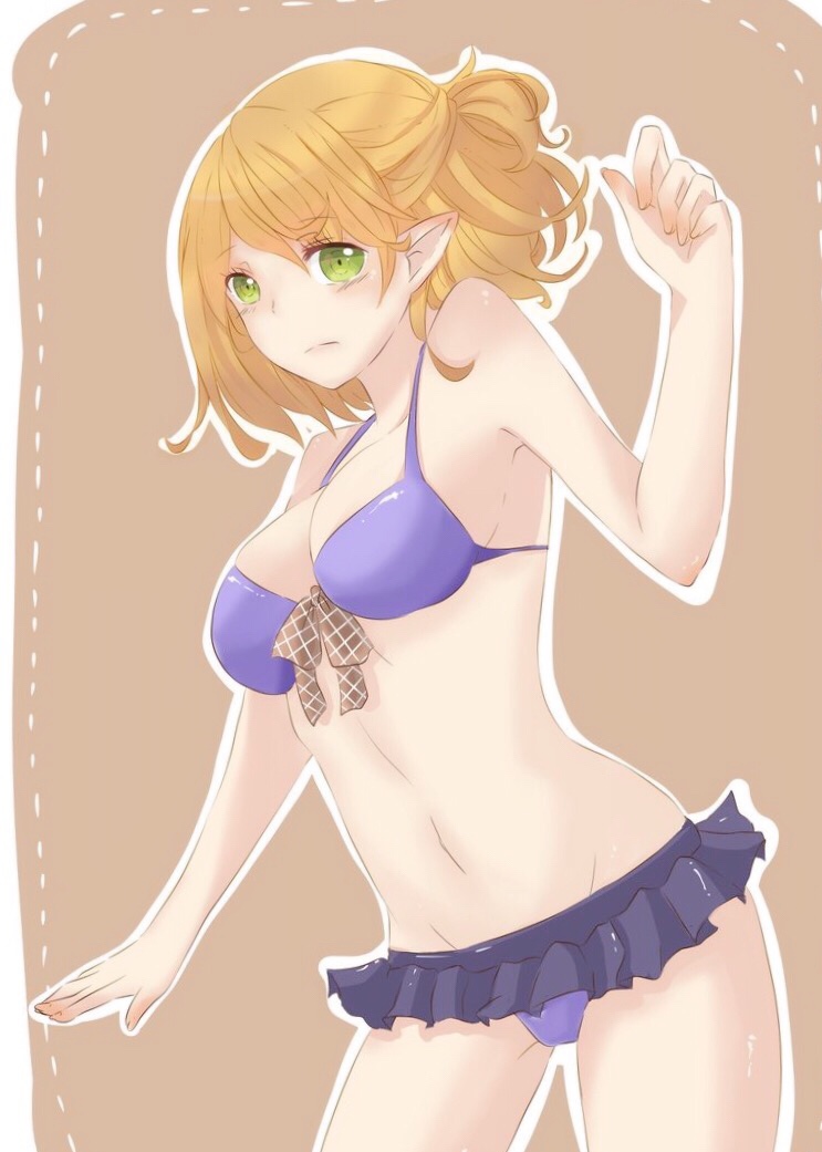 aousa3, mizuhashi parsee, touhou, commentary request, 1girl, alternate costume, bikini, bikini skirt, blonde hair, blush, bow, bowtie, breasts, brown background, brown bow, brown bowtie, closed mouth, cowboy shot, green eyes, groin, half updo, hand up, looking at viewer, medium breasts, navel, plaid bow, plaid bowtie, plaid clothes, pointy ears, ponytail, purple bikini, short hair, short ponytail, solo, swimsuit