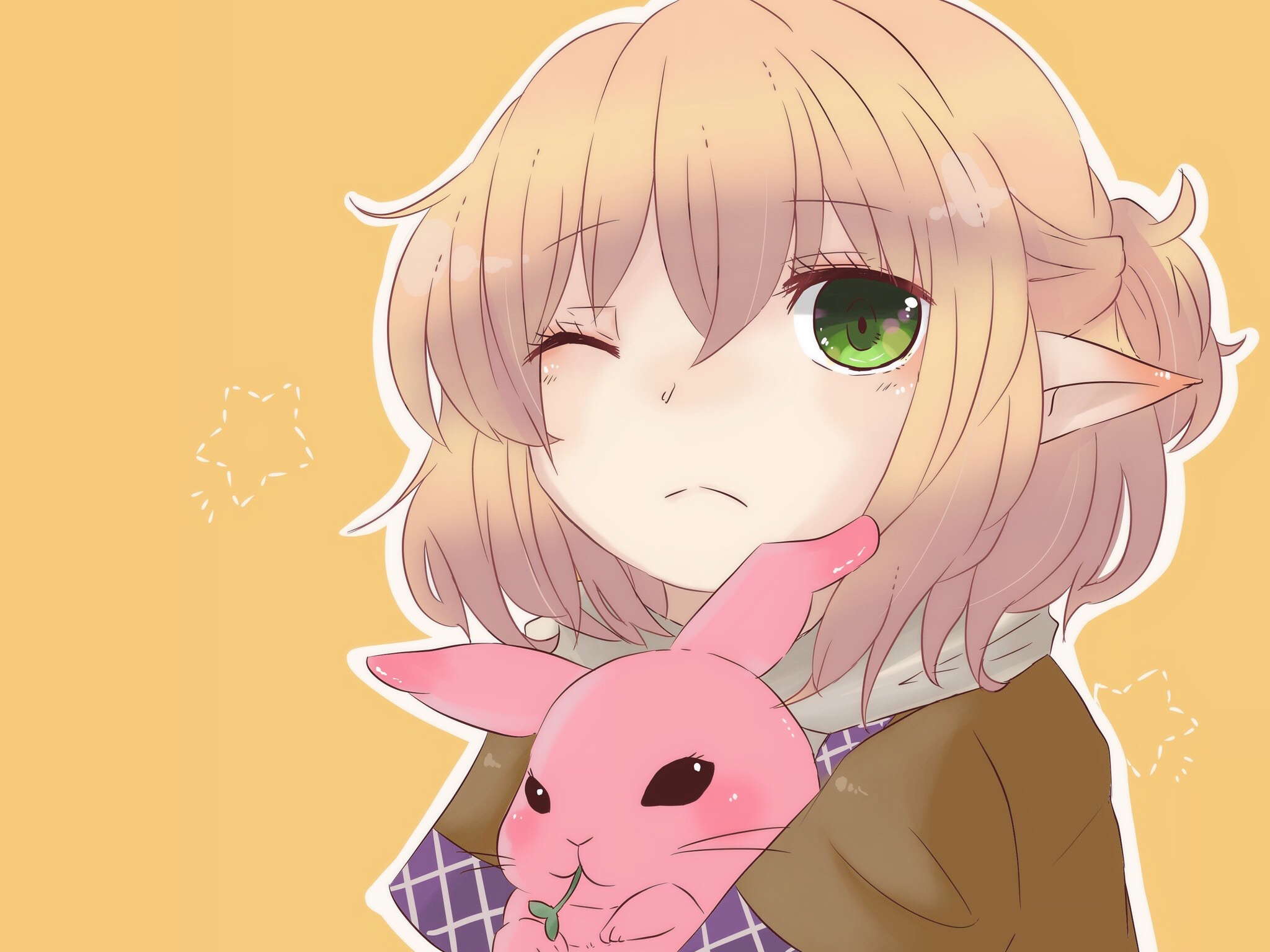 aousa3, mizuhashi parsee, touhou, commentary request, highres, 1girl, animal, blonde hair, blush, brown shirt, closed mouth, expressionless, green eyes, half updo, holding, holding animal, holding rabbit, looking at viewer, one eye closed, pointy ears, ponytail, rabbit, scarf, shirt, short hair, short ponytail, simple background, solo, star (symbol), upper body, white scarf, yellow background