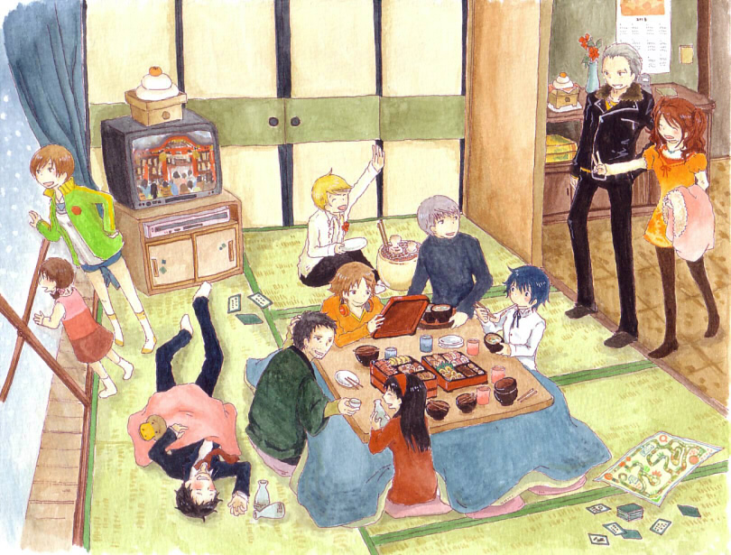 jyako (bara-myu), some (pixiv179616), adachi tooru, amagi yukiko, doujima nanako, doujima ryoutarou, hanamura yousuke, kujikawa rise, kuma (persona 4), narukami yu, satonaka chie, shirogane naoto, tatsumi kanji, atlus, persona, persona 4, silver hair, bad perspective, 5girls, 6+boys, black hair, blonde hair, blue hair, brown hair, contemporary, couple, indoors, kotatsu, long sleeves, lying, multiple boys, multiple girls, new year, on back, room, sliding doors, table, tatami, television, twintails, walking