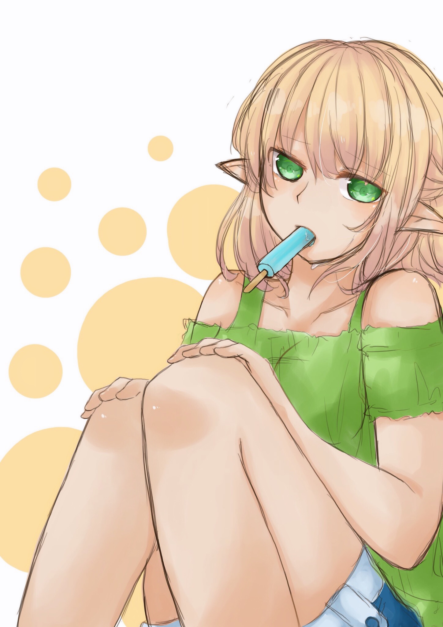 aousa3, mizuhashi parsee, touhou, commentary request, highres, 1girl, alternate costume, blonde hair, blue shorts, blush, clothing cutout, feet out of frame, food, food in mouth, green eyes, green shirt, hands on own knees, looking at viewer, pointy ears, popsicle, popsicle in mouth, shirt, short hair, shorts, shoulder cutout, sitting, solo, white background