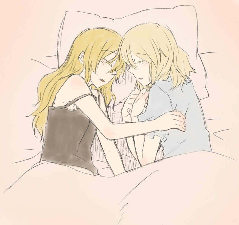 torinone, alice margatroid, kirisame marisa, touhou, bad id, bad pixiv id, 2girls, bed, bed sheet, blonde hair, blush, camisole, chemise, closed eyes, female focus, from above, hug, long hair, lying, multiple girls, on side, open mouth, pajamas, pillow, short hair, sleeping, strap slip, under covers, yuri