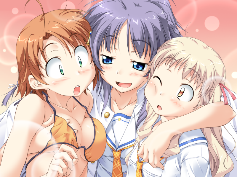 takeya masami, hasumi ichino, orihara natsumi, tokura temari, te to te try on, light purple hair, game cg, 3girls, bikini, blonde hair, blue eyes, blush, breasts, girl sandwich, grabbing another's breast, green eyes, groping, hand under clothes, hand under swimsuit, hug, long hair, multiple girls, naughty face, necktie, open mouth, orange hair, sandwiched, school uniform, short hair, string bikini, surprised, swimsuit