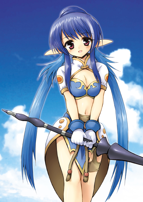 marugoshi (54burger), judith (tales), tales of (series), tales of vesperia, bad id, bad pixiv id, 00s, 1girl, blue hair, blush, breasts, cleavage, female focus, gloves, hair bun, large breasts, long hair, midriff, pointy ears, red eyes, single hair bun, solo, very long hair, white gloves