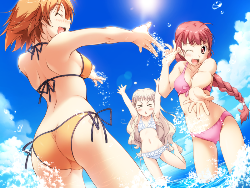 takeya masami, kurata chisato, orihara natsumi, tokura temari, te to te try on, game cg, > <, 3girls, arms up, ass, barefoot, bikini, blonde hair, blush, braid, breasts, cleavage, closed eyes, day, dutch angle, flat chest, frilled bikini, frills, front-tie top, happy, large breasts, long hair, multiple girls, navel, one eye closed, open mouth, orange hair, pink eyes, pink hair, short hair, side-tie bikini bottom, smile, splashing, string bikini, swimsuit, wading, water, wink