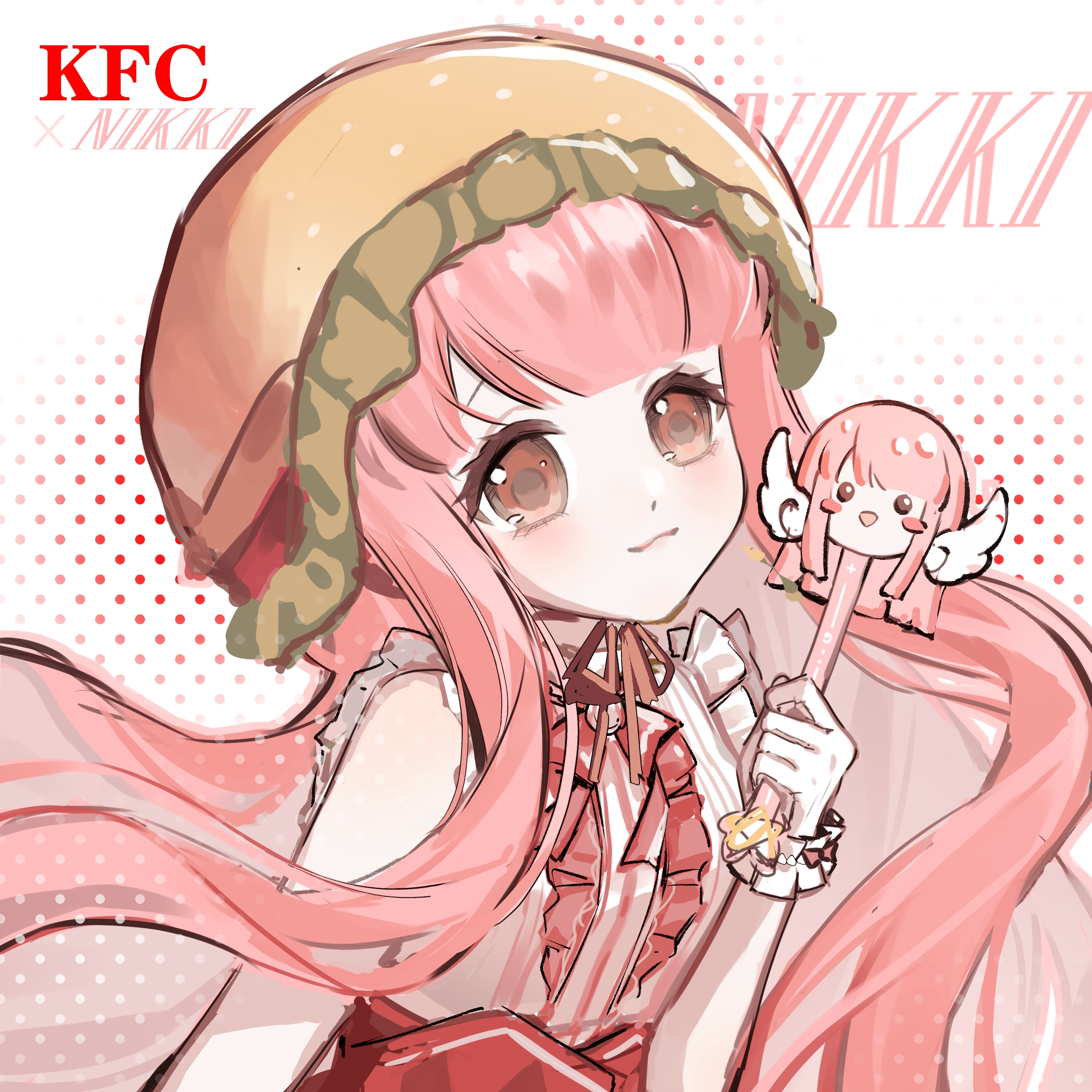floral memory (infinity nikki), nikki (nikki), infinity nikki, kfc, nikki (series), highres, 1girl, :3, alternate color, bare shoulders, bbsd33, bead bracelet, beads, blunt bangs, bow, bracelet, brown eyes, brown ribbon, burger, center frills, closed mouth, collared shirt, colored inner hair, copyright name, dot nose, eyelashes, food, food-themed hat, frilled shirt, frilled wrist cuffs, frills, gloves, halftone, halftone background, happy, high-waist skirt, holding, holding stylus, jewelry, light blush, long hair, long sidelocks, merchandise, multicolored hair, neck ribbon, pink hair, red bow, red skirt, ribbon, shirt, sidelocks, skirt, sleeveless, sleeveless shirt, smile, solo, striped clothes, striped shirt, stylus, tareme, upper body, vertical-striped clothes, vertical-striped shirt, very long hair, wavy hair, white background, white gloves, white shirt, white wrist cuffs, wrist bow, wrist cuffs