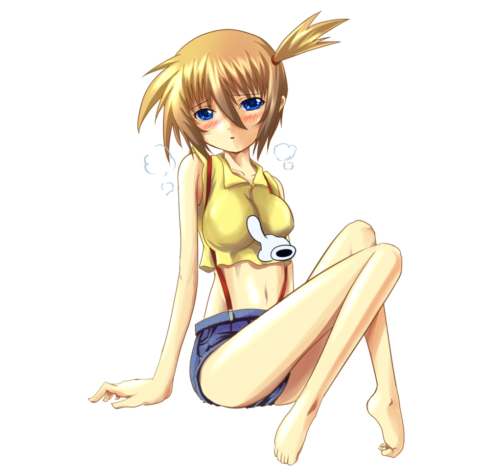 futakabe, misty (pokemon), nintendo, pokemon, bad id, bad pixiv id, 1girl, barefoot, blue eyes, blush, cameltoe, cursor, denim, denim shorts, feet, female focus, full body, groping, midriff, navel, orange hair, red hair, short hair, short shorts, shorts, side ponytail, simple background, solo, suspenders, toe scrunch, toes, white background