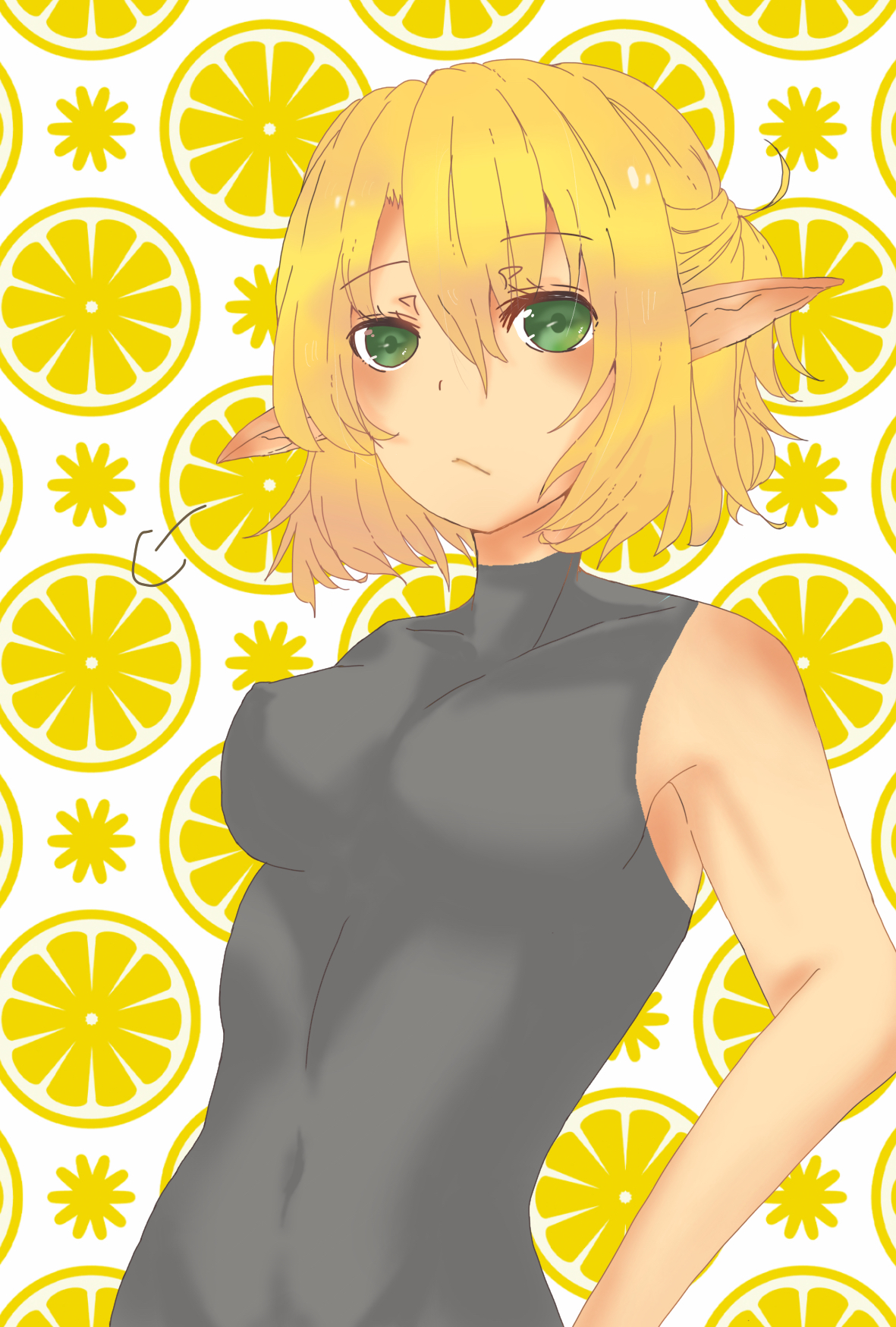 aousa3, mizuhashi parsee, touhou, commentary request, highres, 1girl, blonde hair, blush, breasts, closed mouth, expressionless, food, fruit, fruit background, green eyes, grey shirt, hair between eyes, half updo, lemon, lemon slice, long bangs, looking at viewer, medium breasts, pointy ears, shirt, short hair, sleeveless, sleeveless shirt, solo, upper body, white background