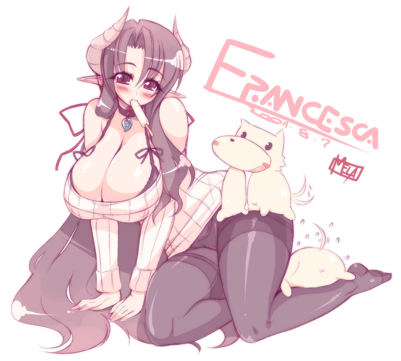 mel/a, akatsuki francesca, original, non-web source, 1girl, all fours, blush, bra, breasts, cleavage, collar, demon girl, female focus, food, hair ribbon, horns, huge breasts, lingerie, long hair, magatama, mature female, panties, panties under pantyhose, pantyhose, pointy ears, popsicle, red eyes, ribbon, solo, thighband pantyhose, underwear, very long hair