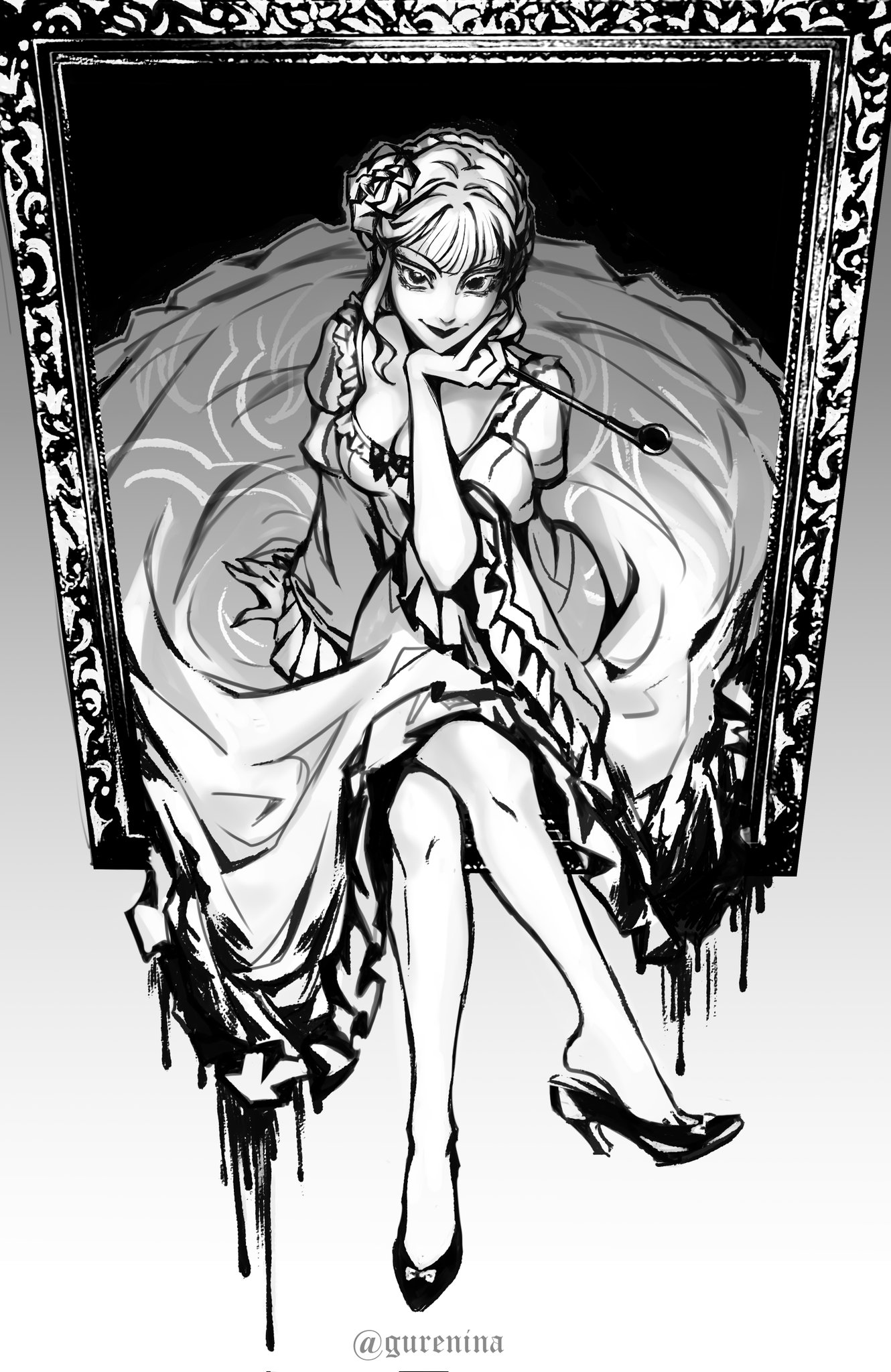 beatrice (umineko), umineko no naku koro ni, highres, 1girl, bow, breasts, dress, dripping, flower, frills, greyscale, gurenina, hair flower, hair ornament, high heels, large breasts, melting, monochrome, portrait (object), rose, short hair, smile, smoking pipe, solo