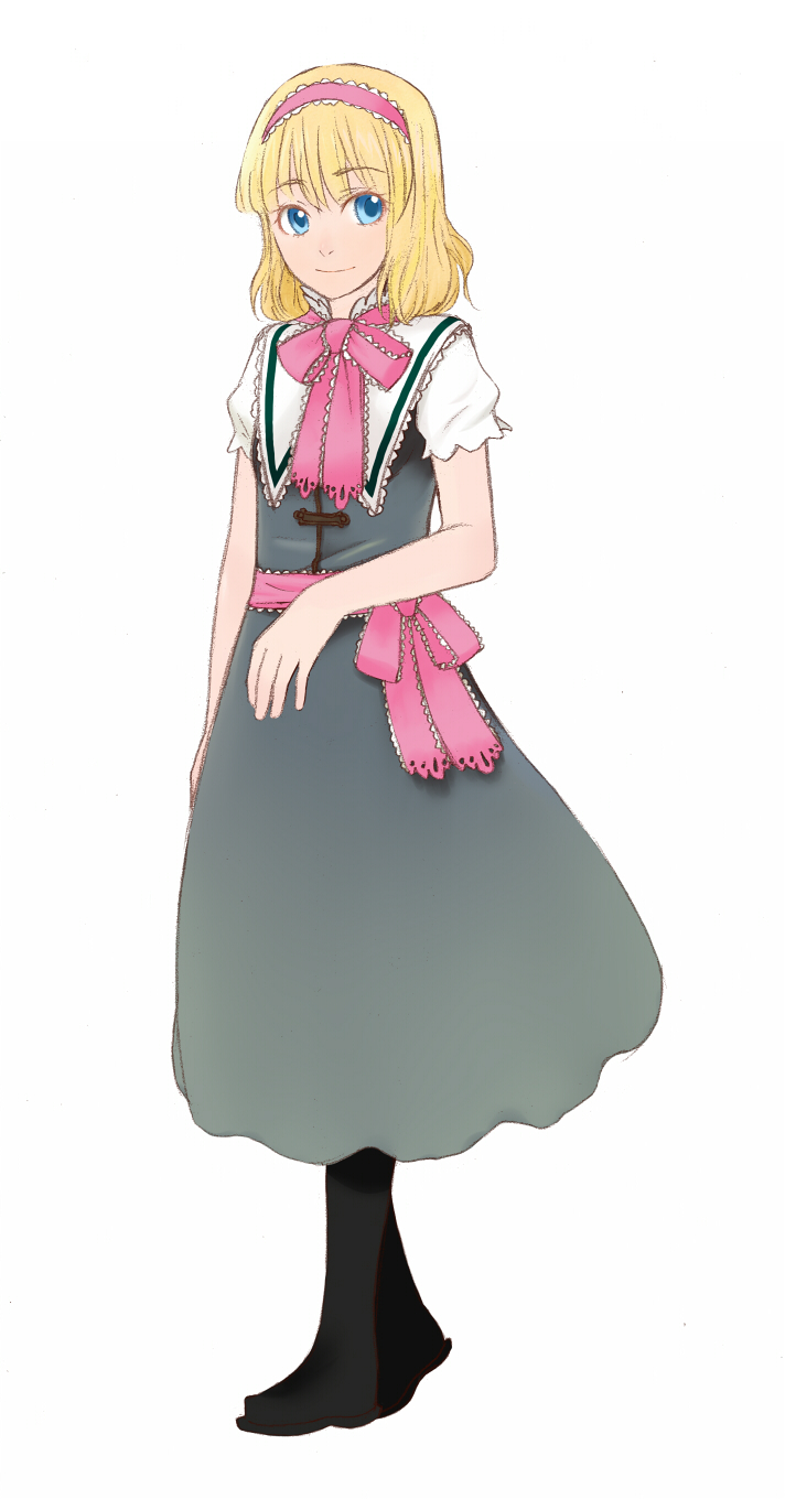 torinone, alice margatroid, touhou, bad id, bad pixiv id, highres, 1girl, blonde hair, blue eyes, boots, female focus, full body, hairband, short hair, simple background, solo, standing, white background