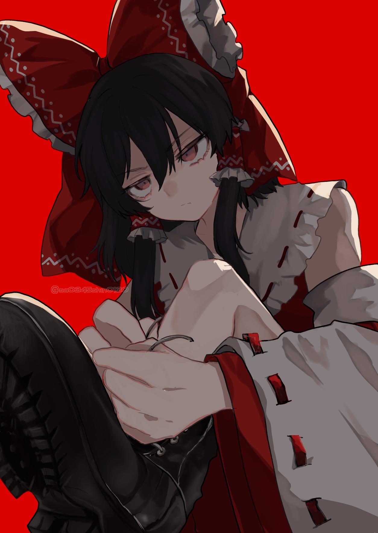uchisaki himari, hakurei reimu, touhou, highres, 1girl, :/, black boots, black hair, boots, bow, detached sleeves, hair between eyes, hair bow, red background, red bow, red eyes, red shirt, shirt, sidelocks, simple background, sleeveless, sleeveless shirt, solo, twitter username, tying footwear, watermark