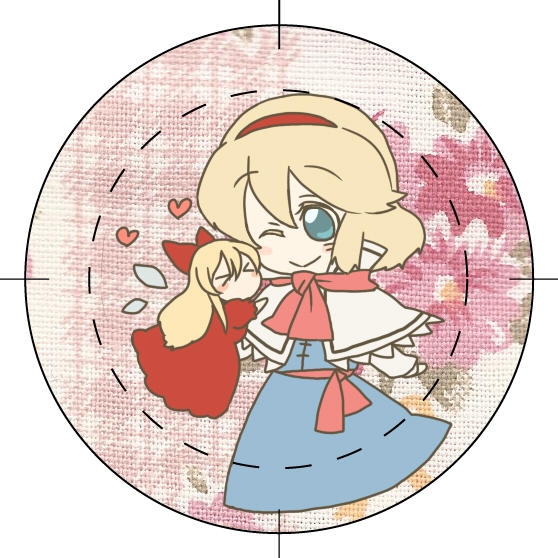 torinone, alice margatroid, shanghai doll, touhou, 2girls, blonde hair, blue eyes, crosshair, doll, female focus, flower, hairband, heart, multiple girls, plant, short hair, solo, standing, wings