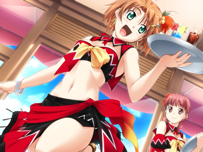 takeya masami, kurata chisato, orihara natsumi, te to te try on, game cg, 2girls, :d, bracelet, drink, dutch angle, earrings, green eyes, hoop earrings, jewelry, midriff, multiple girls, navel, open mouth, orange hair, pink hair, smile, tray